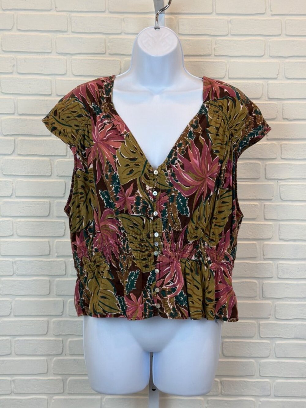 Madewell Tropical Print Peplum Blouse Multi Cap Sleeve XL
